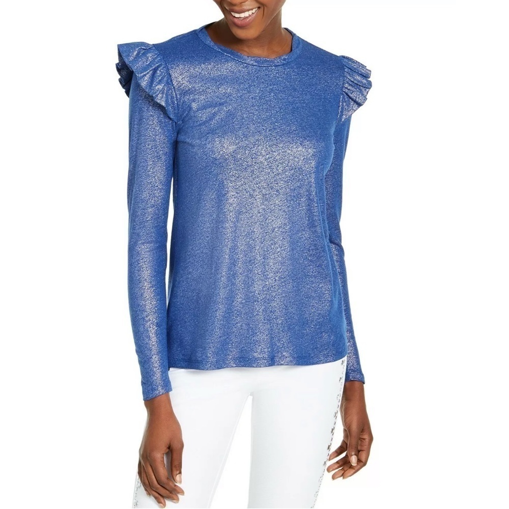 Michael Kors Metallic Linen Blue Ruffle Blouse Top